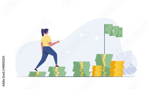 Business woman is climbing stairs from stacks of coins toward his financial goal. vector illustration