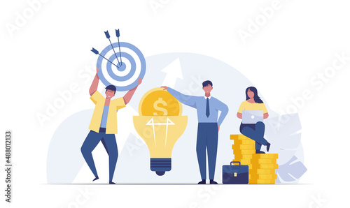 People invest money. Success team standing with business creative idea. vector illustration