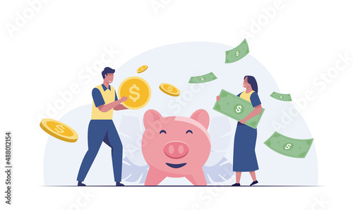 Saving money concept. Young family investing money for future flat vector illustration.