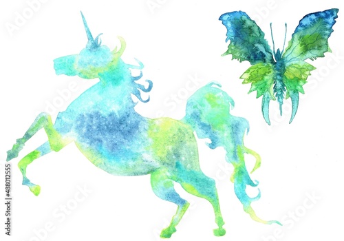 watercolor silhouette of a unicorn and a turquoise butterfly isolated on a white background
