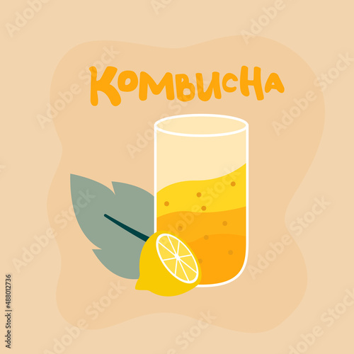 Glass of refreshing kombucha drink, mint leaf and lemon. Sweet delicious summer beverage. Fermented drink made with tea, sugar, bacteria and yeast 