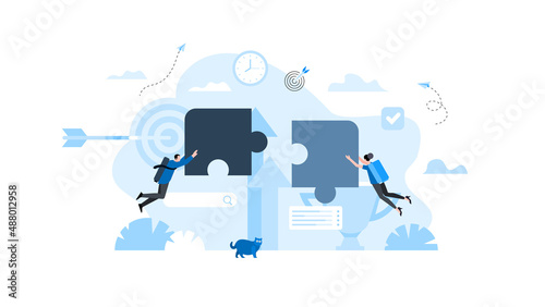 People fly towards each other to connect puzzles. Animation ready duik friendly vector Illustration. Conceptual business story. Puzzle connection, teamwork abstract metaphor, partnership.