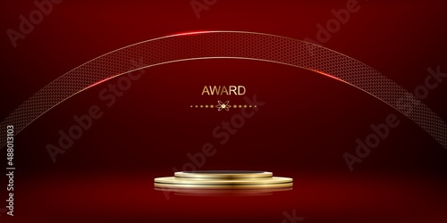 Abstract 3D red cylinder pedestal or podium with golden semi circle backdrop.