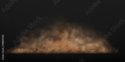 Dust sand cloud with stones and flying dusty particles isolated on transparent background. Brown dusty cloud or dry sand flying. Realistic vector illustration.