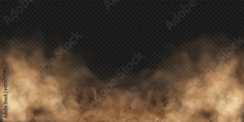 Sandstorm. Dust cloud or sand with flying small particles or stones. Vector illustration isolated on transparent background photo