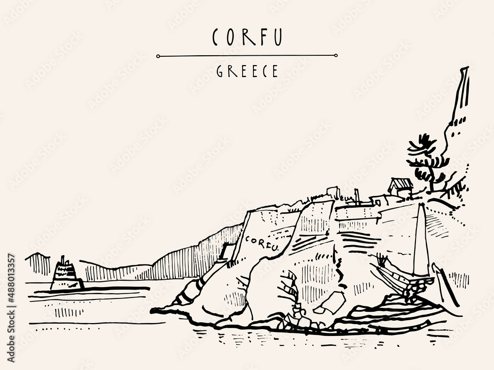 Vector Corfu (Kerkyra), Greece postcard. Hand drawing in retro style