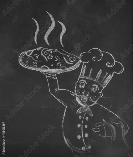 desenho a giz de pizzaiolo com uma pizza photo