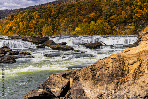 Sandstone Falls With Fall Color, New River Gorge National Park, West Virginia, USA