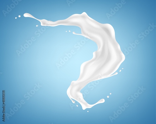 Milk splash isolated on blue background. Realistic vector illustration