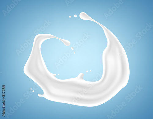 Milk splash isolated on blue background. Realistic vector illustration