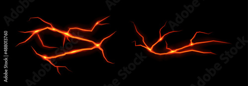 Ground cracks with molten lava isolated on a black background. Volcano magma glow texture in cracking holes. Volcanic fissures set with hot magma, abstract vector elements.