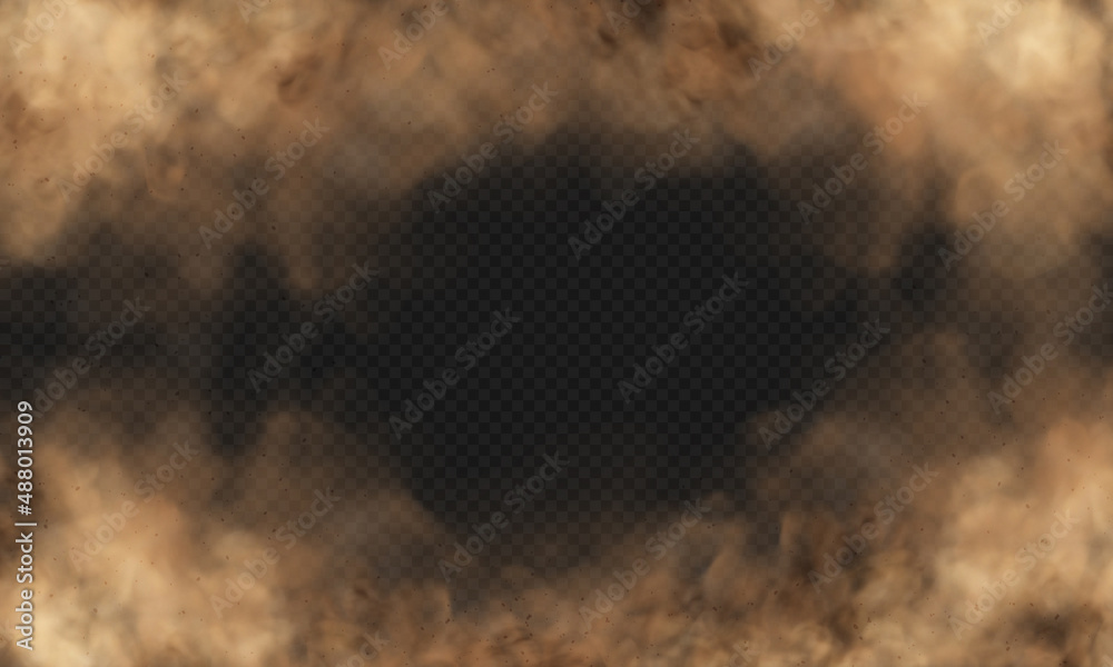 Sandstorm. Dust cloud or sand with flying small particles or stones. Vector illustration isolated on transparent background