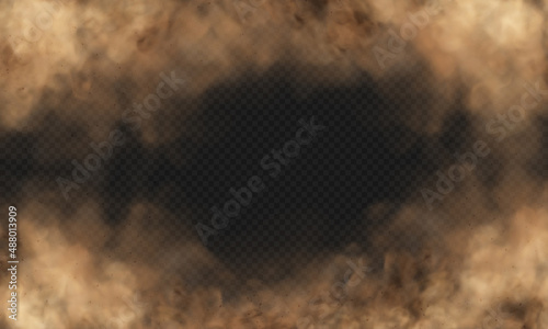 Sandstorm. Dust cloud or sand with flying small particles or stones. Vector illustration isolated on transparent background