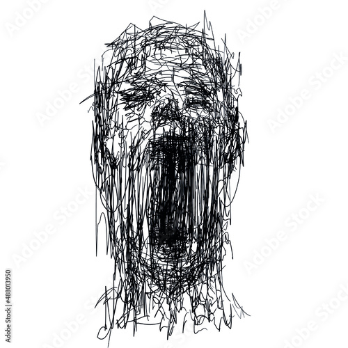 Drawing sketch of expressive face of person screaming loud