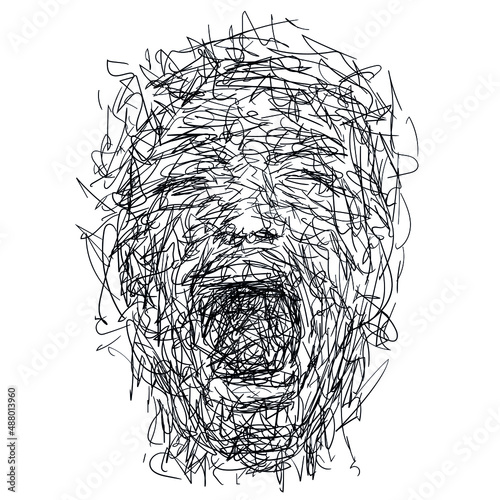 Drawing sketch of expressive face of person screaming loud