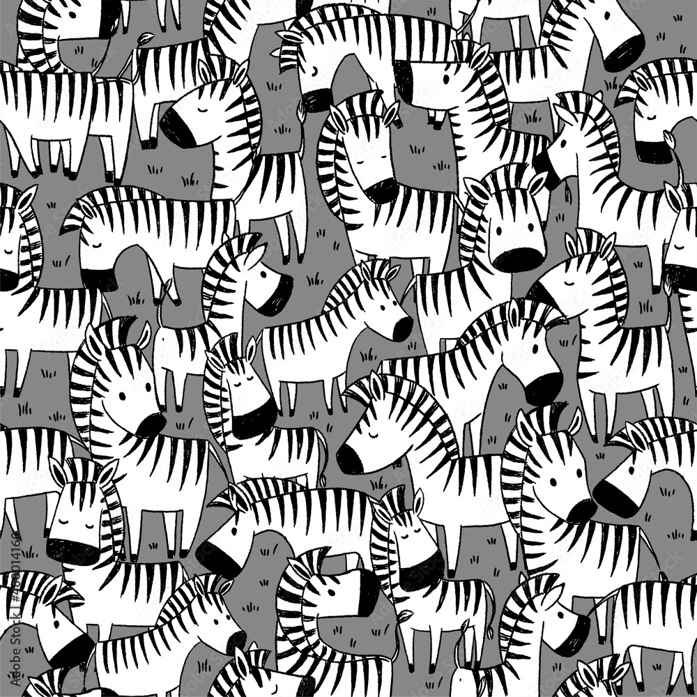 Funny Zoo animals. Herd of zebras in a doodle style. Black and white vector seamless pattern