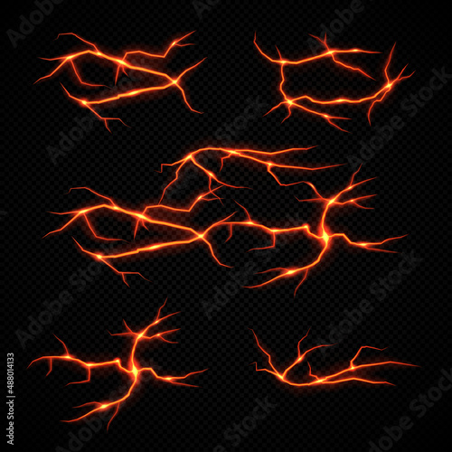 Ground cracks with molten lava isolated on a black background. Volcano magma glow texture in cracking holes. Volcanic fissures set with hot magma, abstract vector elements.