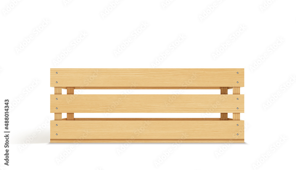 Vector realistic cargo storage wooden box isolated on white background. Wooden fruit box with holes. Box for storage and transportation of food Vector realistic cargo storage wooden box isolated on white background. Wooden fruit box with holes. Box for storage and transportation of food