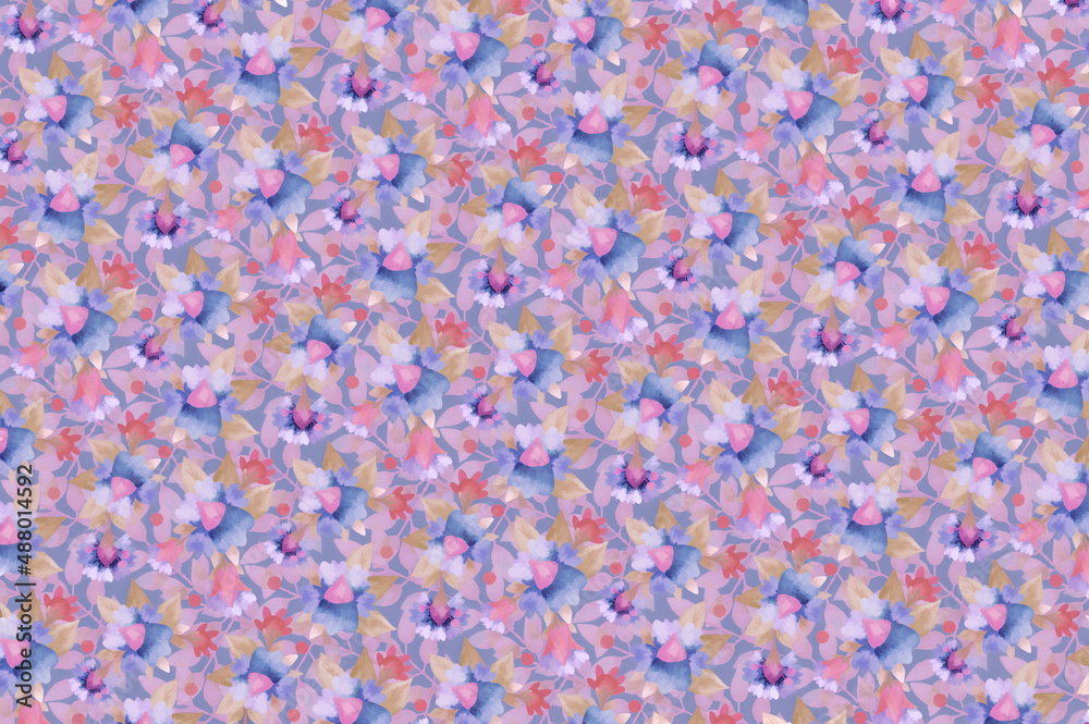 Delicate floral background. Blue and pink flowers. Scrapbooking, packaging, postcard, wrapper. Floral ornament for printing on fabric and paper.