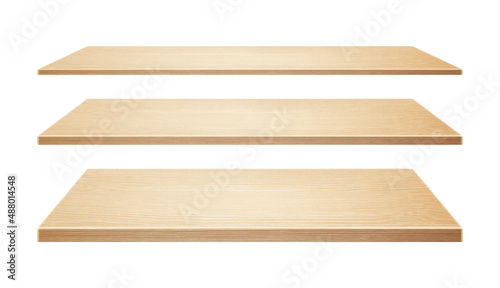 Wooden shelves set isolated on a white background. Vector realistic illustration
