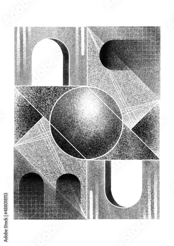 Canvastavla M C Escher style tarot playing card, black and white noise texture building illu