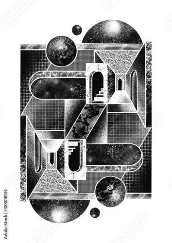 Tela M C Escher style tarot playing card, black and white noise texture building illu