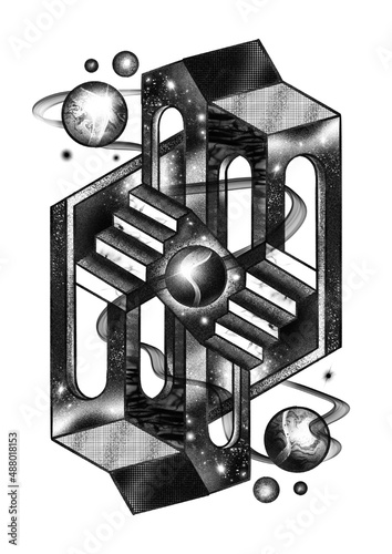 Canvastavla M C Escher style tarot playing card, black and white noise texture building illu