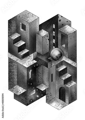 Tela M C Escher style tarot playing card, black and white noise texture building illu