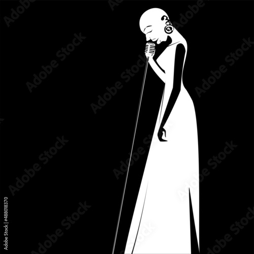 African bald women jazz singer with retro microphone  in flat style silhouette black and white one line vector illustration