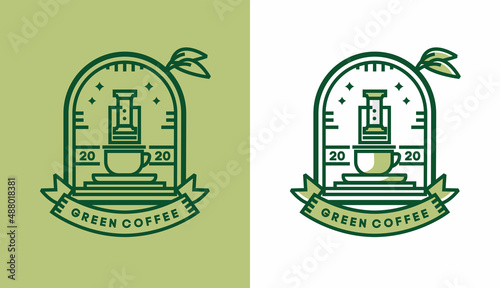 green coffee logo design, minimalist traditional vintage aeropress for cafe logos suitable for food and beverage businesses