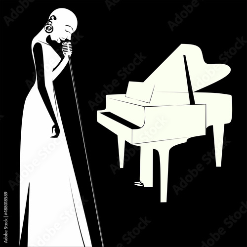 African bald women jazz singer with retro microphone on the background of the piano in flat style silhouette black and white one line vector illustration