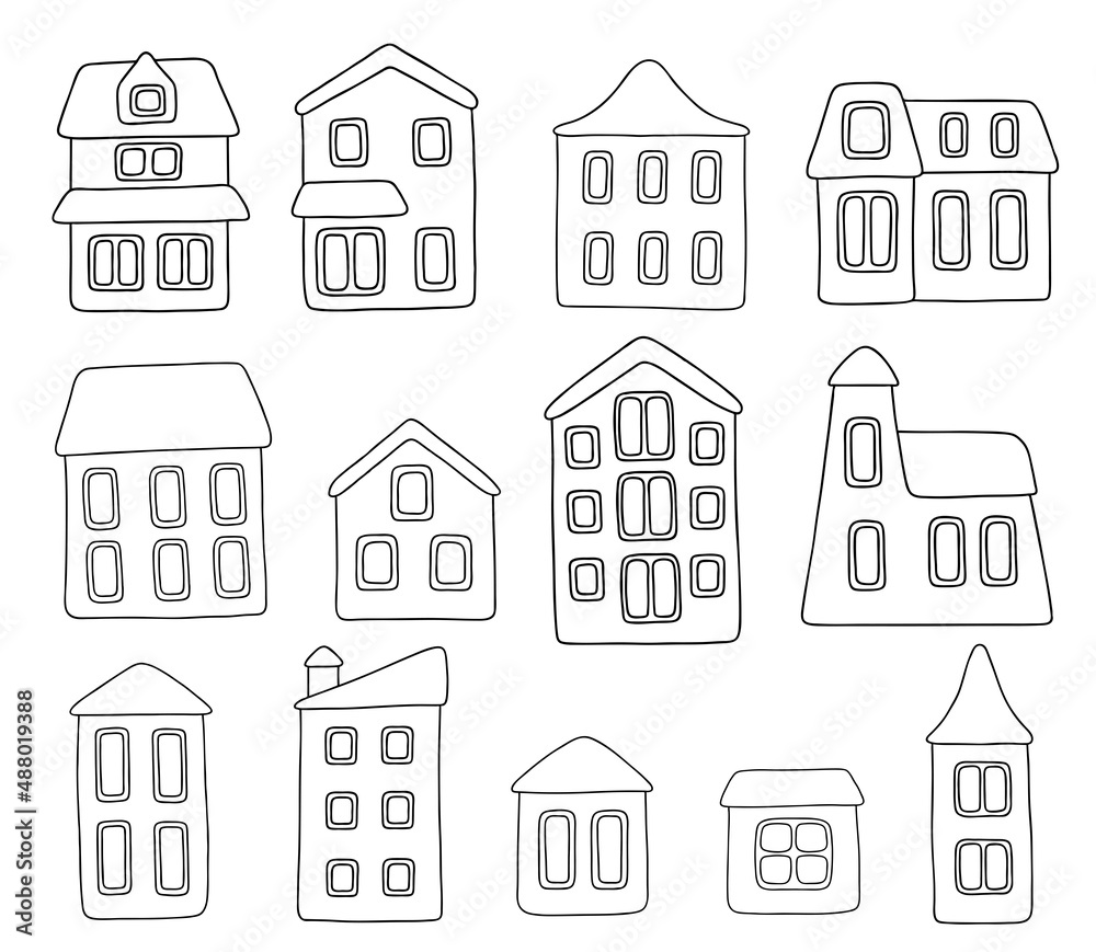 Vector illustration of 13 cartoon outline houses isolated on a white background. Coloring page, element for your design.