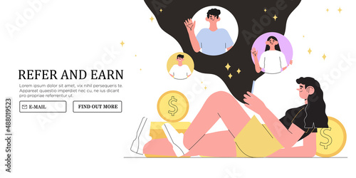 Refer a friend concept. Woman influencer hold phone with contacts of friends or subscribers. Business partnership strategy. Social media marketing for friends or Influencer web banner template.