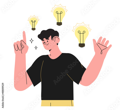 Vector business illustration of man with lightbulb and finger pointing up in aha moment isolated on white background. The concept of idea, brainstorm, thinking, solution, eureka, bingo.
