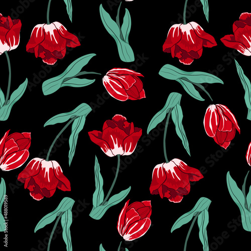 seamless pattern with red tulips