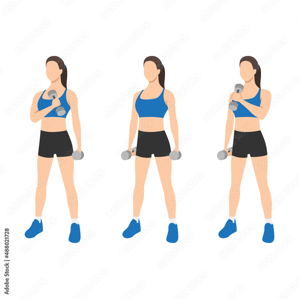 Woman doing Standing cross chest curl exercise. Flat vector illustration isolated on white background Woman doing Standing cross chest curl exercise. Flat vector illustration isolated on white background