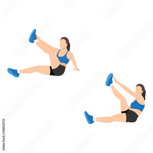 Woman doing Star toe touch sit ups exercise. Flat vector illustration isolated on white background