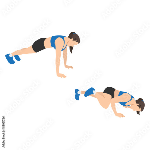 Woman doing Spider man push up exercise. Flat vector illustration isolated on white background