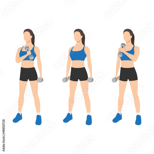 Woman doing Standing cross chest curl exercise. Flat vector illustration isolated on white background