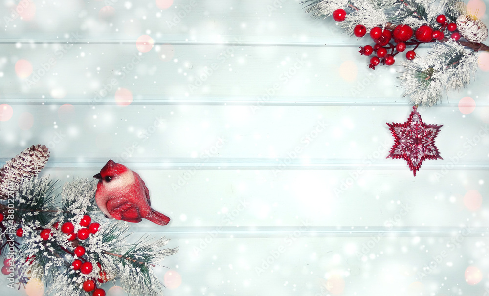 winter background with fir branches decor and snow