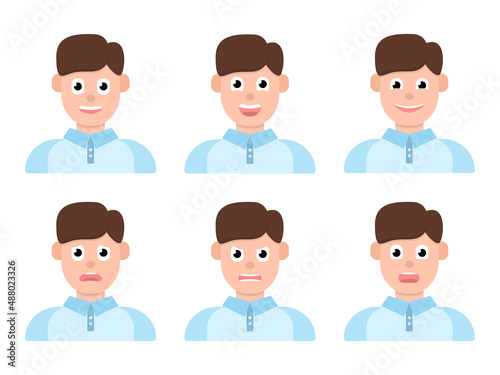 Various emotions for kids. Friendly, joyful, happy, sad, angry, surprised. Cute young boy emoji with different facial expressions. Vector illustration in cartoon style.