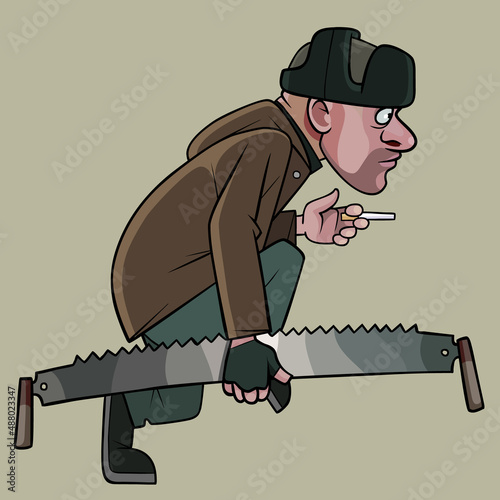 cartoon man in winter clothes walking with a two handed saw in his hand