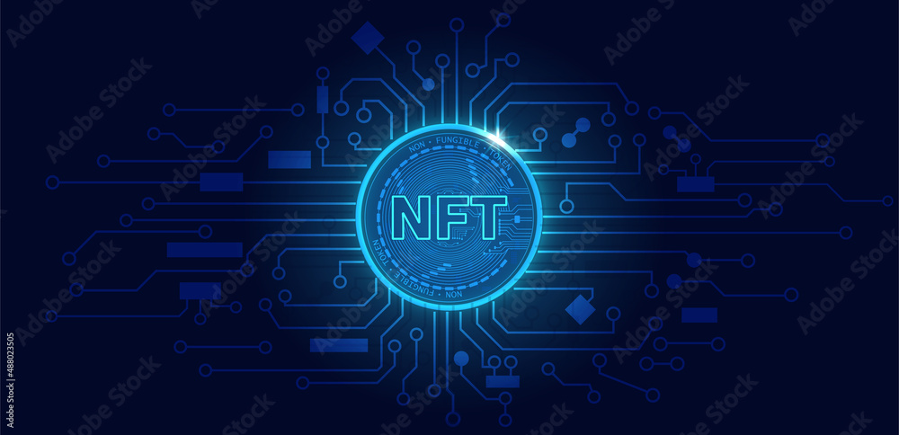 Non fungible token NFT.Technology background with circuit.NFT logo dark blue.Crypto currency concept.