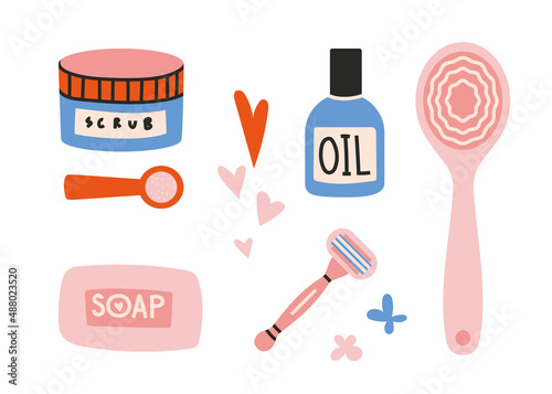 Cosmetics and tools for body care, cartoon style. Personal hygiene set of bathroom equipment