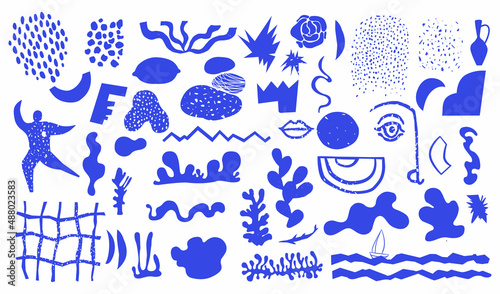Set of fashionable doodles and abstract nature icons on isolated white background. Minimalist art, boho style decor. Vector. Unusual organic shapes in hand drawn matisse style. Blue color. photo
