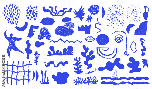 Set of fashionable doodles and abstract nature icons on isolated white background. Minimalist art, boho style decor. Vector. Unusual organic shapes in hand drawn matisse style. Blue color.