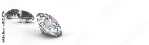 Diamonds isolated 3D rendering illustration.Round cut diamond on white glossy background  rear light  shadow  caustics rays.