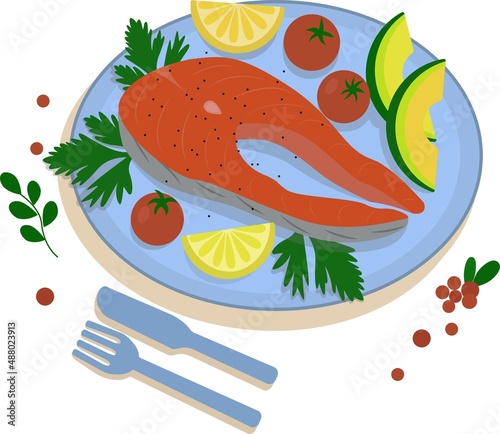 Grilled salmon fillet fish on a plate.