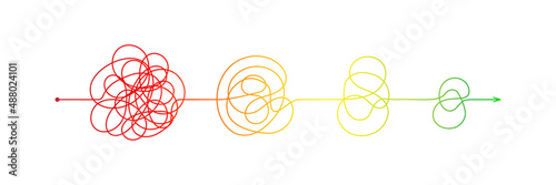 Complex messy connected lines as concept of chaos solving. Process of problem simplifying in mind. Vector illustration of confusion to clarity step by step, psychotherapy path for mental health