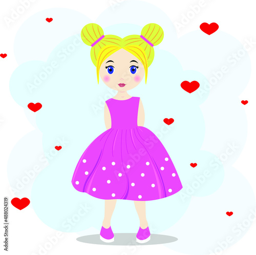 Little cute blonde girl in a pink dress with white polka dots